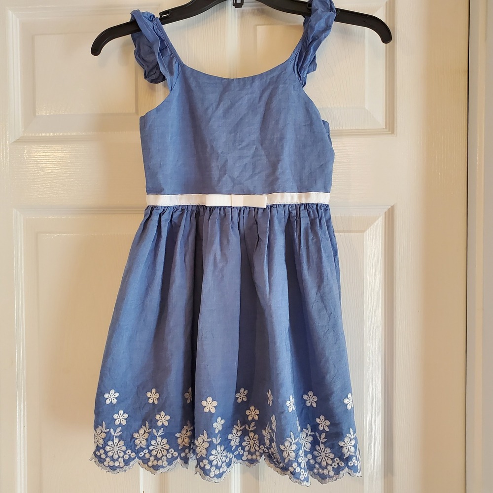Zunie Girl Blue Cotton Floral Embroidered Scalloped Hem Dress Size S 6/6X‎